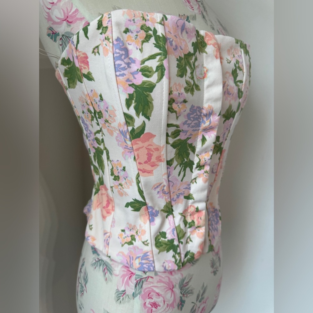 Zara Floral Strapless Corset Top in Pink with Green Accents - Picture 5 of 16